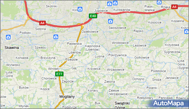 mapa Lusina gmina Mogilany, Lusina gmina Mogilany na mapie Targeo