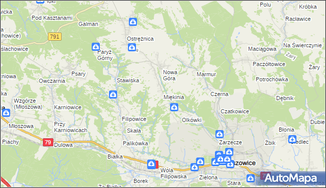 mapa Miękinia gmina Krzeszowice, Miękinia gmina Krzeszowice na mapie Targeo