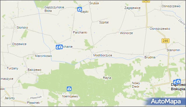 mapa Modliborzyce gmina Dąbrowa Biskupia, Modliborzyce gmina Dąbrowa Biskupia na mapie Targeo