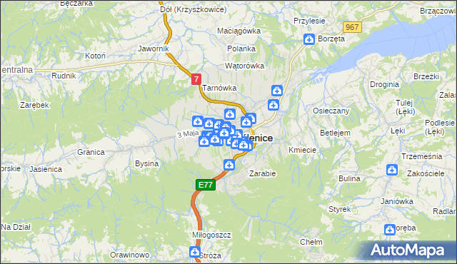 mapa Myślenice, Myślenice na mapie Targeo
