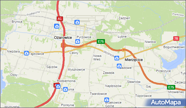 mapa Nowa Wieś gmina Mierzęcice, Nowa Wieś gmina Mierzęcice na mapie Targeo