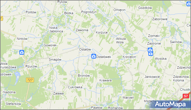 mapa Ostałówek gmina Chlewiska, Ostałówek gmina Chlewiska na mapie Targeo