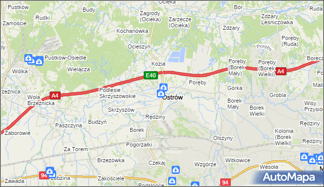 mapa Ostrów powiat ropczycko-sędziszowski, Ostrów powiat ropczycko-sędziszowski na mapie Targeo