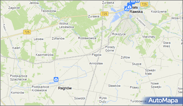 mapa Pągów gmina Biała Rawska, Pągów gmina Biała Rawska na mapie Targeo