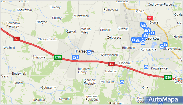 mapa Piaskowice gmina Parzęczew, Piaskowice gmina Parzęczew na mapie Targeo