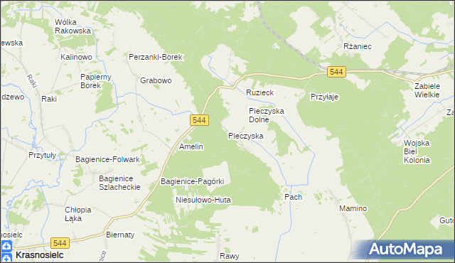 mapa Pieczyska gmina Krasnosielc, Pieczyska gmina Krasnosielc na mapie Targeo