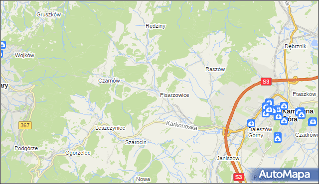 mapa Pisarzowice gmina Kamienna Góra, Pisarzowice gmina Kamienna Góra na mapie Targeo