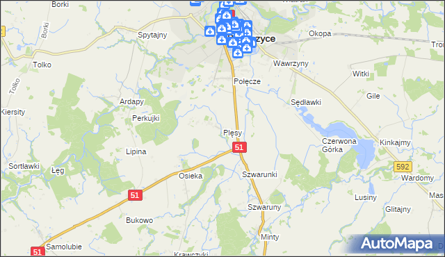 mapa Plęsy gmina Bartoszyce, Plęsy gmina Bartoszyce na mapie Targeo