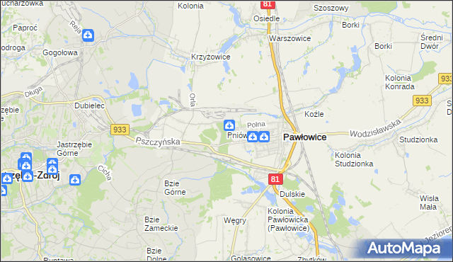 mapa Pniówek gmina Pawłowice, Pniówek gmina Pawłowice na mapie Targeo