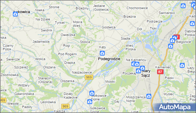 mapa Podegrodzie powiat nowosądecki, Podegrodzie powiat nowosądecki na mapie Targeo
