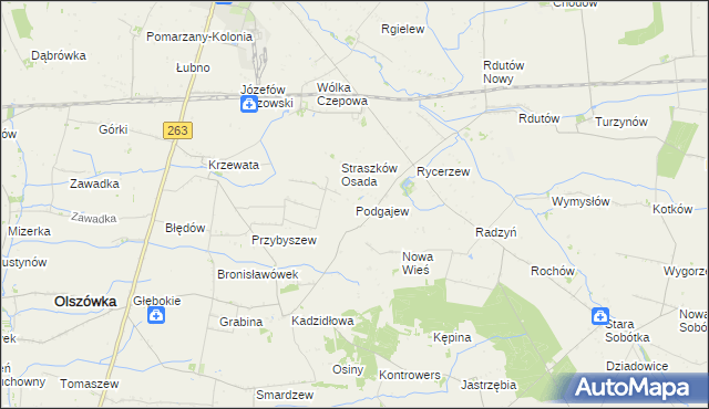 mapa Podgajew gmina Kłodawa, Podgajew gmina Kłodawa na mapie Targeo
