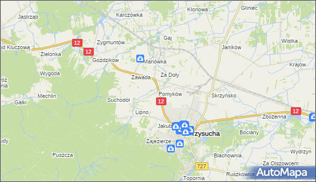 mapa Pomyków gmina Przysucha, Pomyków gmina Przysucha na mapie Targeo
