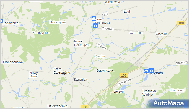 mapa Prochy gmina Zakrzewo, Prochy gmina Zakrzewo na mapie Targeo