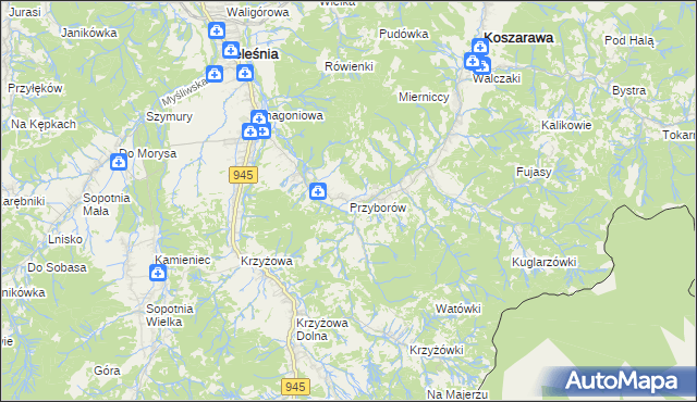 mapa Przyborów gmina Jeleśnia, Przyborów gmina Jeleśnia na mapie Targeo