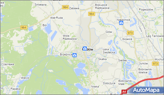 mapa Radłów powiat tarnowski, Radłów powiat tarnowski na mapie Targeo