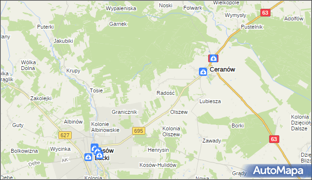 mapa Radość gmina Ceranów, Radość gmina Ceranów na mapie Targeo