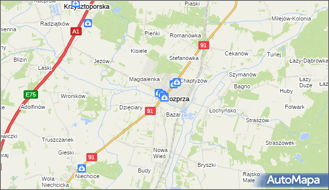 mapa Rozprza powiat piotrkowski, Rozprza powiat piotrkowski na mapie Targeo