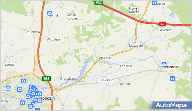mapa Rzeczyca gmina Świebodzin, Rzeczyca gmina Świebodzin na mapie Targeo