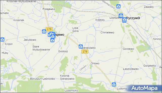 mapa Sierakówko gmina Połajewo, Sierakówko gmina Połajewo na mapie Targeo