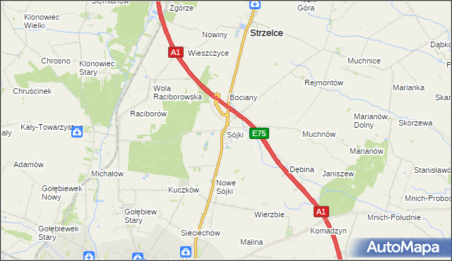 mapa Sójki gmina Strzelce, Sójki gmina Strzelce na mapie Targeo