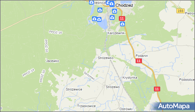 mapa Stróżewko gmina Chodzież, Stróżewko gmina Chodzież na mapie Targeo