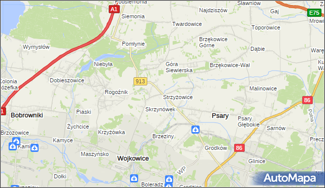 mapa Strzyżowice gmina Psary, Strzyżowice gmina Psary na mapie Targeo