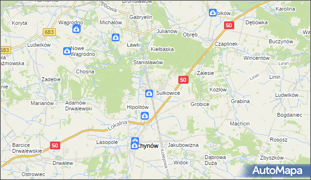 mapa Sułkowice gmina Chynów, Sułkowice gmina Chynów na mapie Targeo