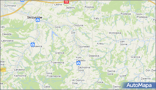 mapa Szynwałd gmina Skrzyszów, Szynwałd gmina Skrzyszów na mapie Targeo