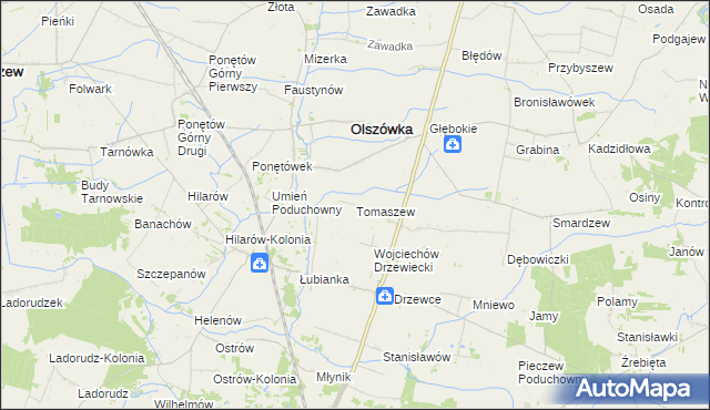 mapa Tomaszew gmina Olszówka, Tomaszew gmina Olszówka na mapie Targeo