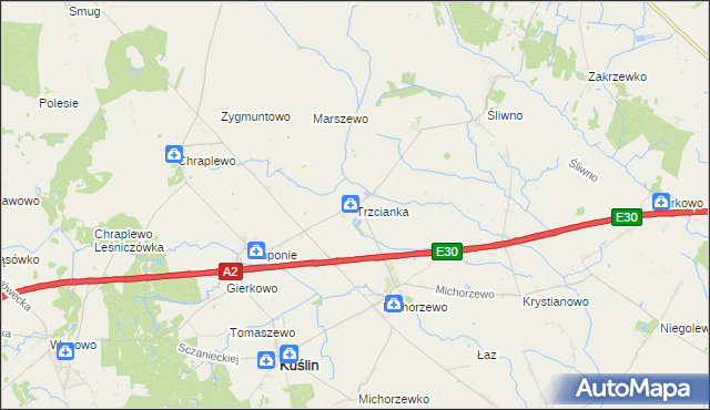 mapa Trzcianka gmina Kuślin, Trzcianka gmina Kuślin na mapie Targeo