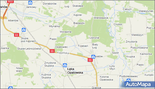 mapa Trzebień gmina Łęka Opatowska, Trzebień gmina Łęka Opatowska na mapie Targeo