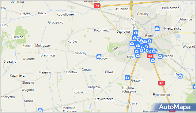 mapa Turów gmina Wieluń, Turów gmina Wieluń na mapie Targeo