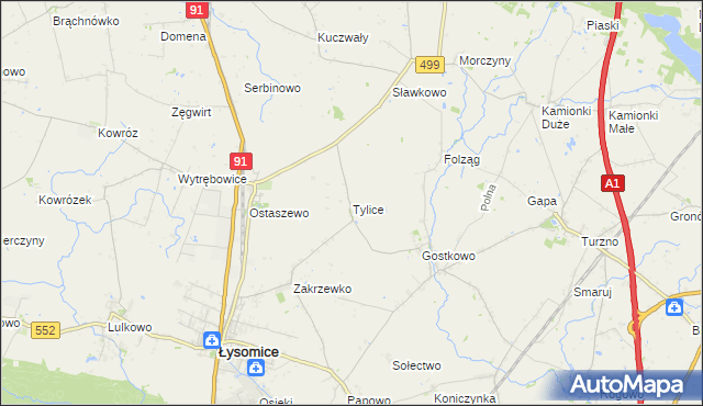 mapa Tylice gmina Łysomice, Tylice gmina Łysomice na mapie Targeo