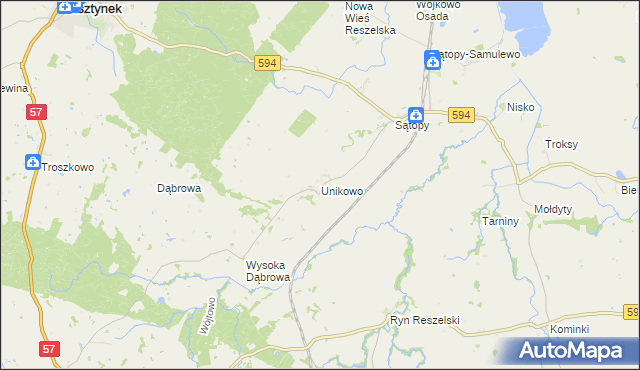 mapa Unikowo gmina Bisztynek, Unikowo gmina Bisztynek na mapie Targeo