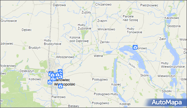 mapa Wełna gmina Janowiec Wielkopolski, Wełna gmina Janowiec Wielkopolski na mapie Targeo