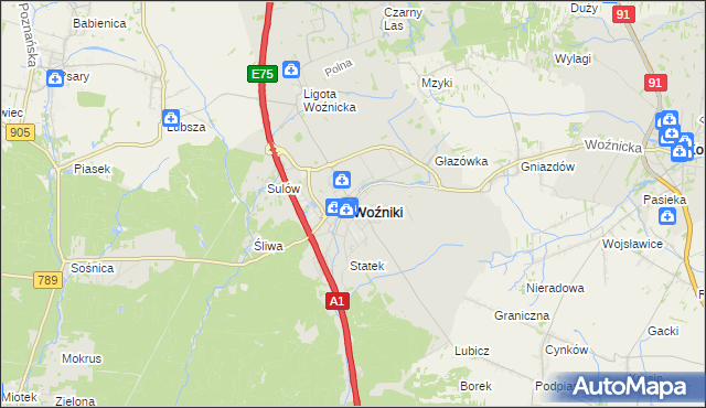mapa Woźniki powiat lubliniecki, Woźniki powiat lubliniecki na mapie Targeo