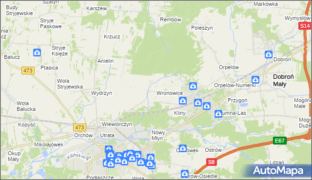 mapa Wronowice gmina Łask, Wronowice gmina Łask na mapie Targeo