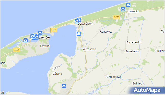 mapa Wrzosowo gmina Kamień Pomorski, Wrzosowo gmina Kamień Pomorski na mapie Targeo