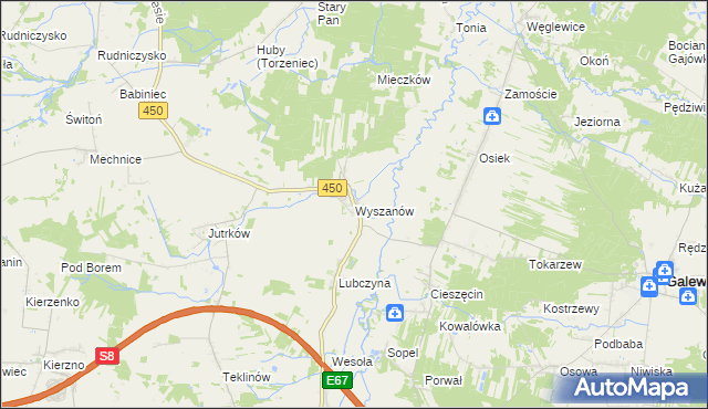 mapa Wyszanów gmina Wieruszów, Wyszanów gmina Wieruszów na mapie Targeo