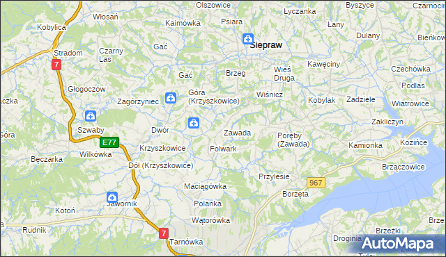 mapa Zawada gmina Myślenice, Zawada gmina Myślenice na mapie Targeo