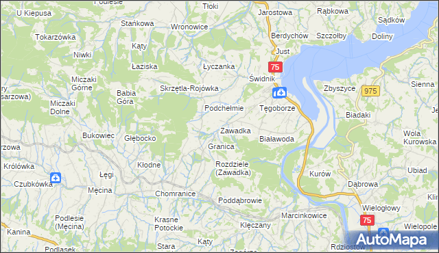 mapa Zawadka gmina Łososina Dolna, Zawadka gmina Łososina Dolna na mapie Targeo