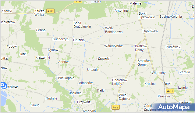 mapa Zawady gmina Zadzim, Zawady gmina Zadzim na mapie Targeo