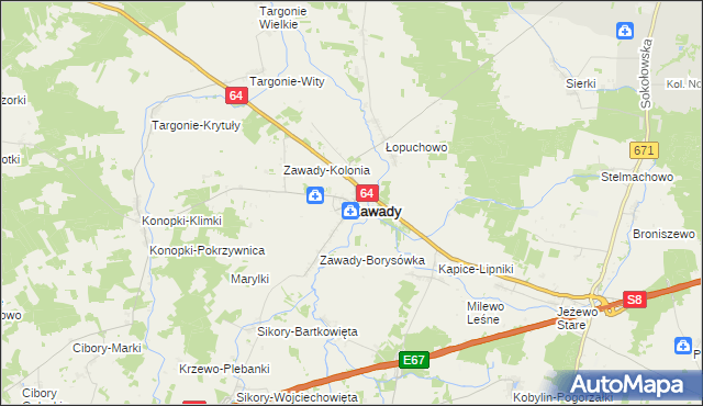 mapa Zawady powiat białostocki, Zawady powiat białostocki na mapie Targeo