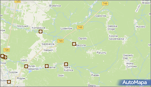 mapa Baczyna gmina Końskie, Baczyna gmina Końskie na mapie Targeo