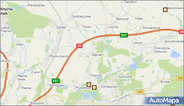mapa Bąków gmina Długołęka, Bąków gmina Długołęka na mapie Targeo