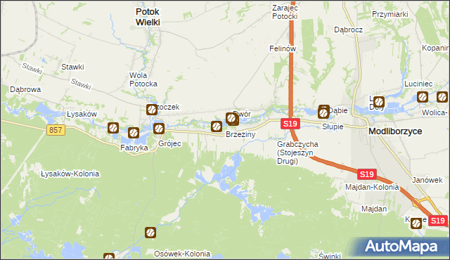 mapa Brzeziny gmina Modliborzyce, Brzeziny gmina Modliborzyce na mapie Targeo