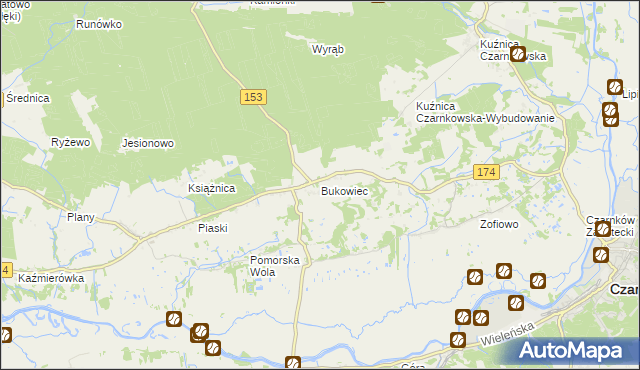 mapa Bukowiec gmina Czarnków, Bukowiec gmina Czarnków na mapie Targeo