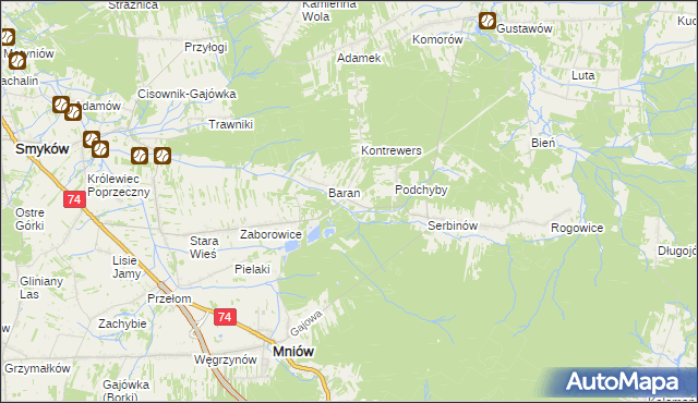mapa Chyby gmina Mniów, Chyby gmina Mniów na mapie Targeo
