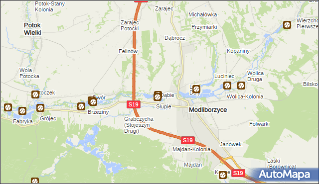 mapa Dąbie gmina Modliborzyce, Dąbie gmina Modliborzyce na mapie Targeo