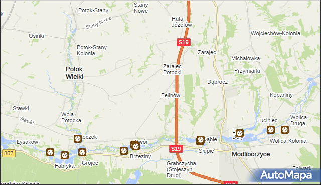 mapa Felinów gmina Modliborzyce, Felinów gmina Modliborzyce na mapie Targeo